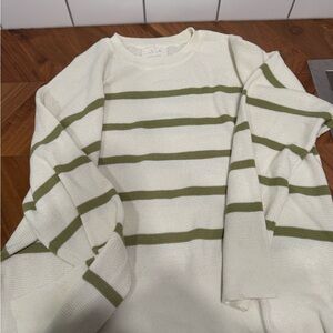 Lightwieght small waffle Thread and Supply cream and olive striped top.